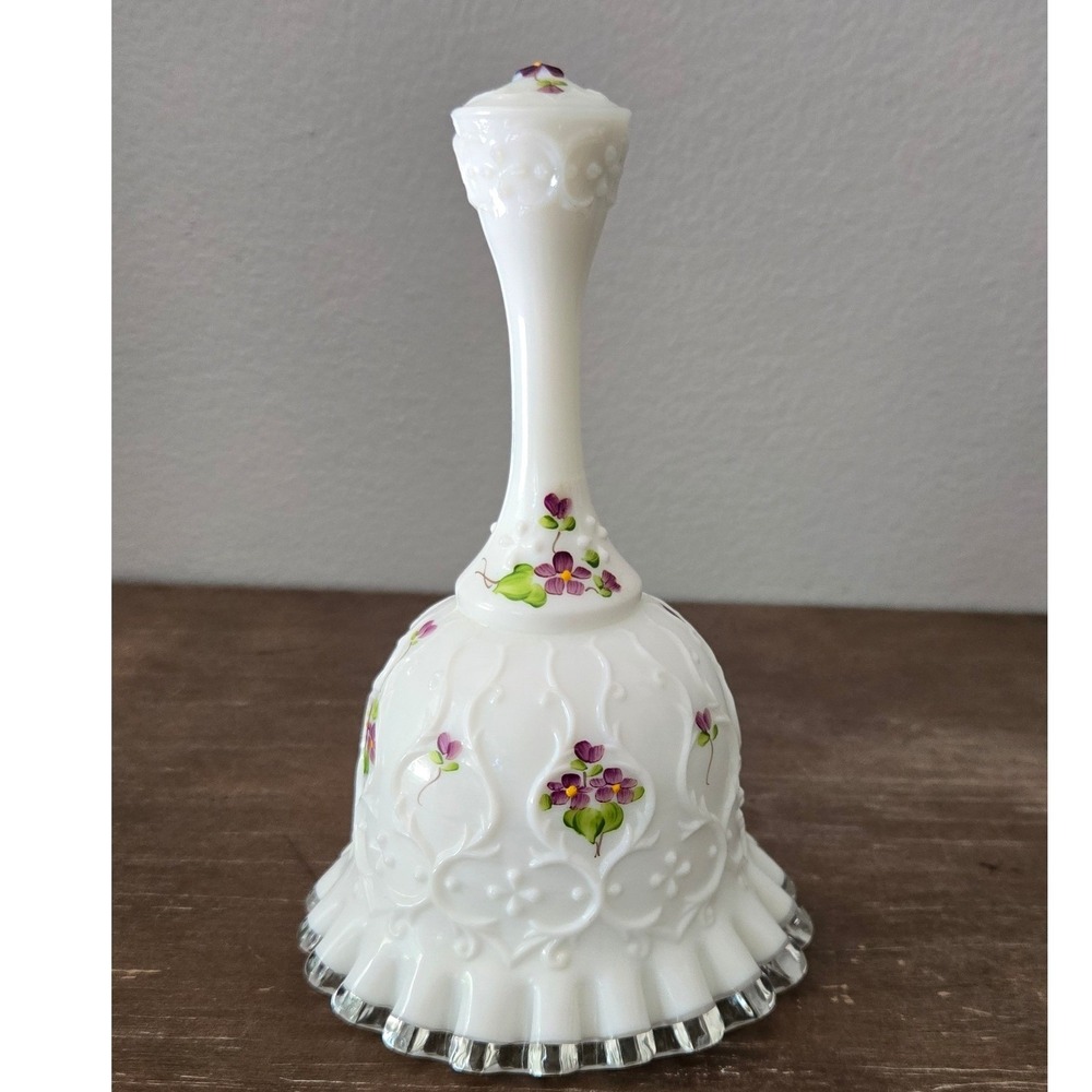 Vtg Fenton Spanish Lace Violets In The Snow Milk Glass Bell Signed McCune